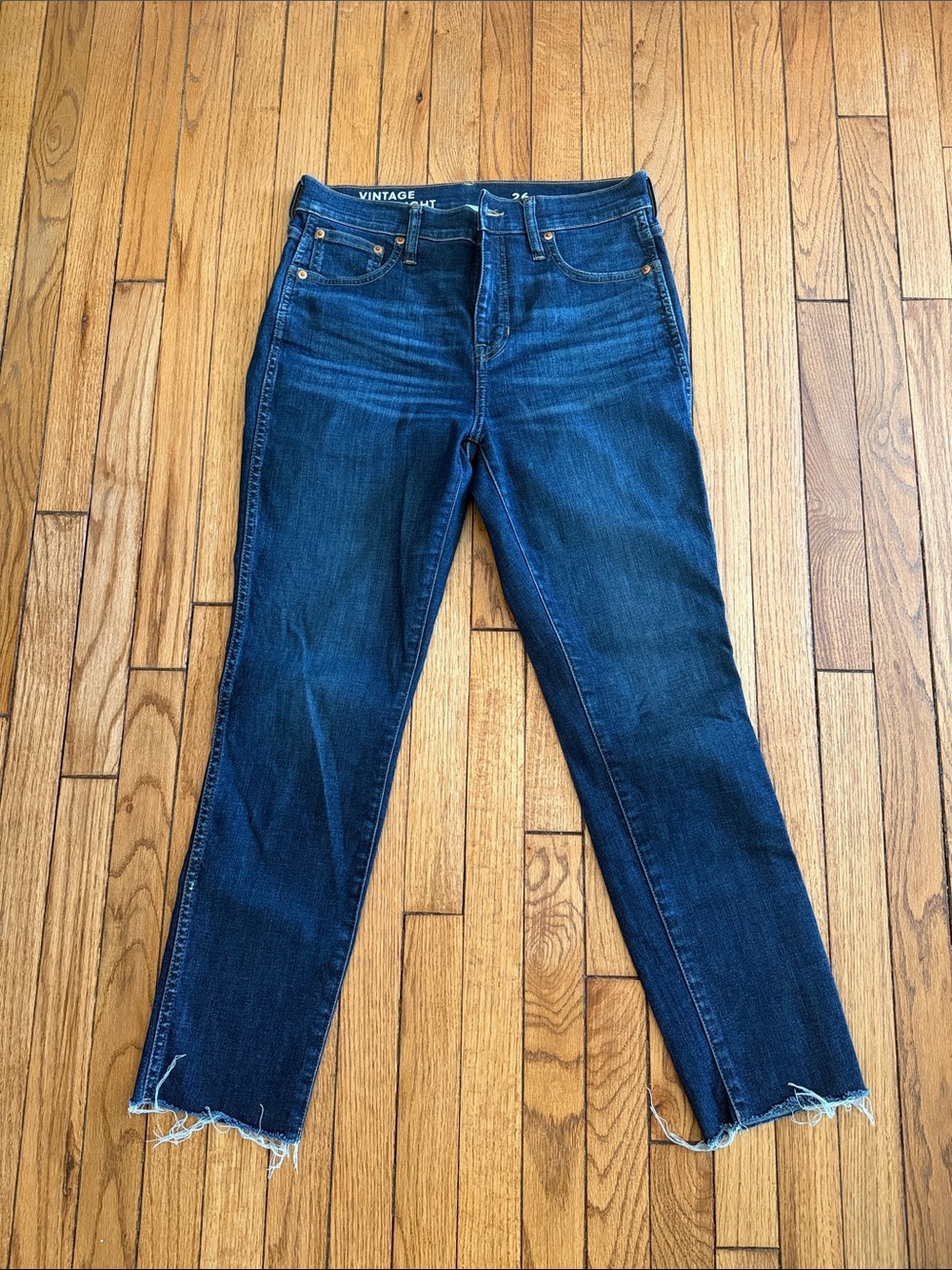 J. Crew Dark Blue Straight Leg Jeans with Raw Hem